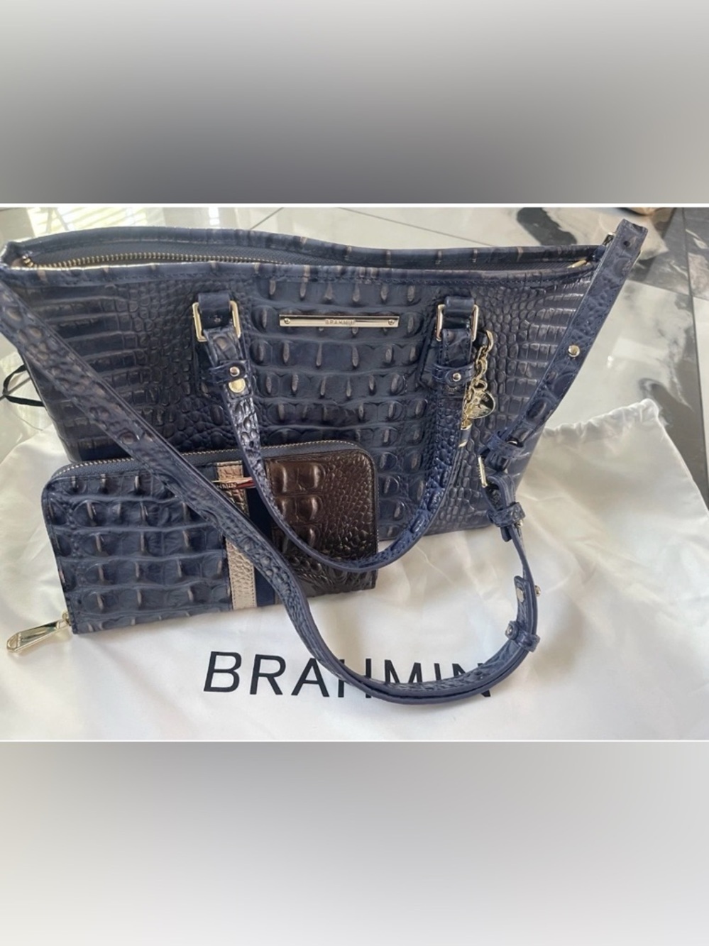 Brahmin Deep Navy Croc-Embossed Tote with Gold Accents wallet included
